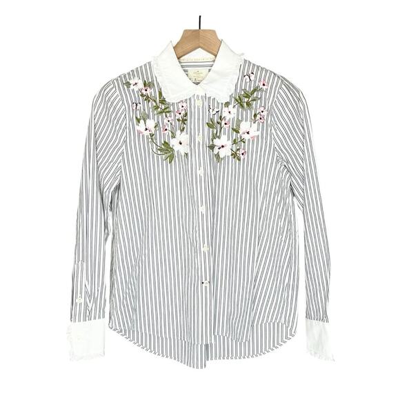 Kate Spade Embroidered Stripe Button Down Shirt Small Floral Cotton Blouse - Picture 1 of 5